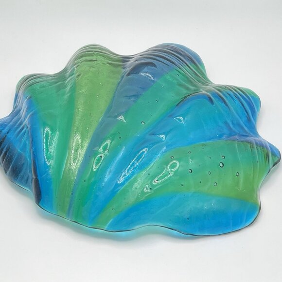 Vintage Blown Art Glass Clamshell Green Blue Bowl Dish MCM Shell Aquatic Ocean - Picture 6 of 10